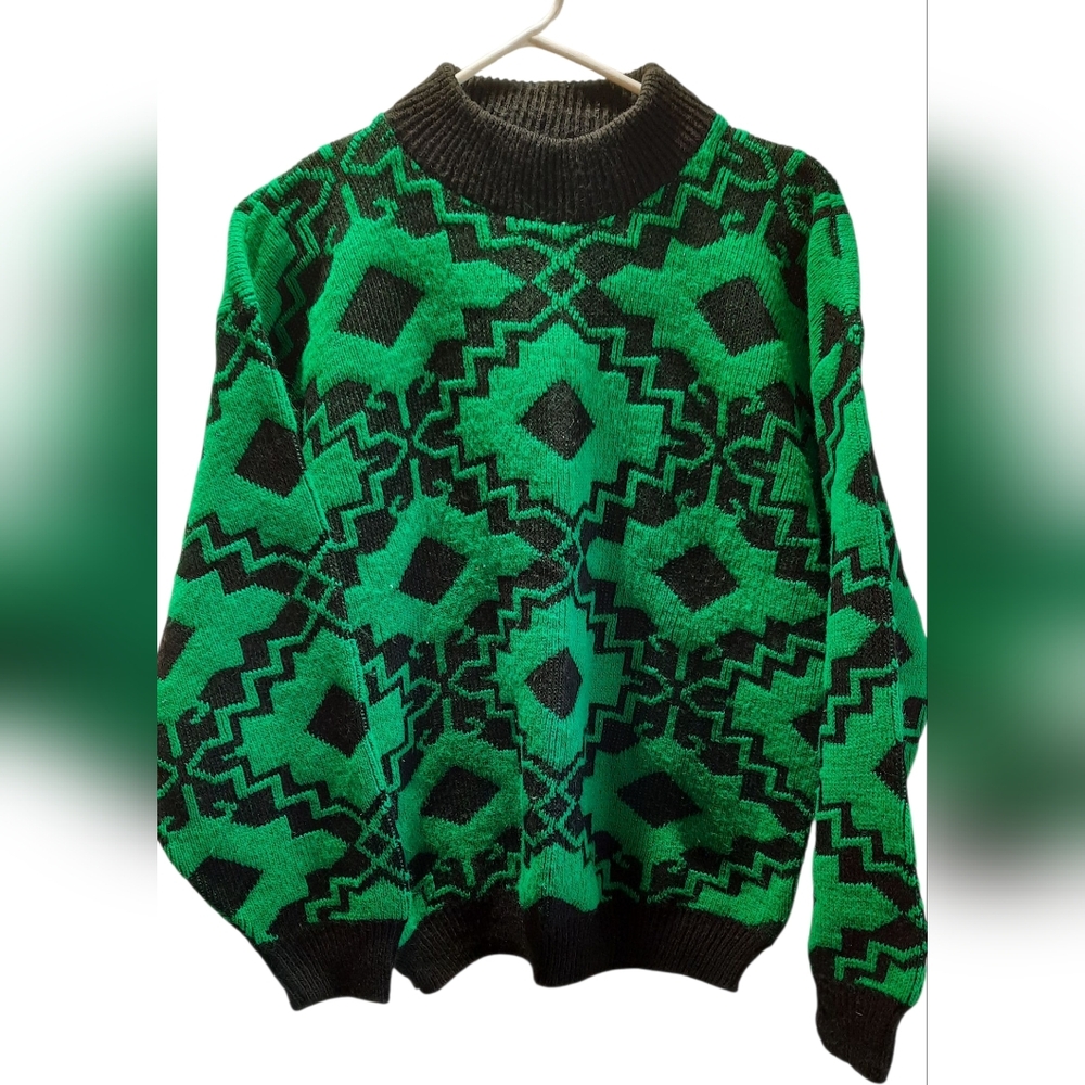 Cheryl Sweater Womans Large Green Black Geometric Pattern Vintage Grannycore